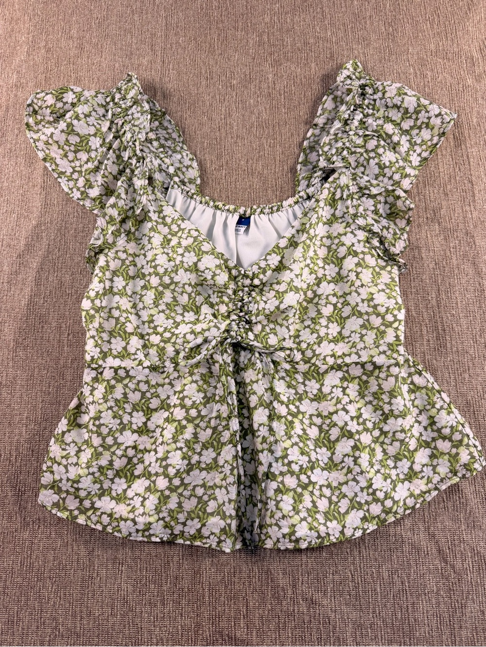 Old Navy Floral Flutter-Sleeve Ruched Front Top S Green & White